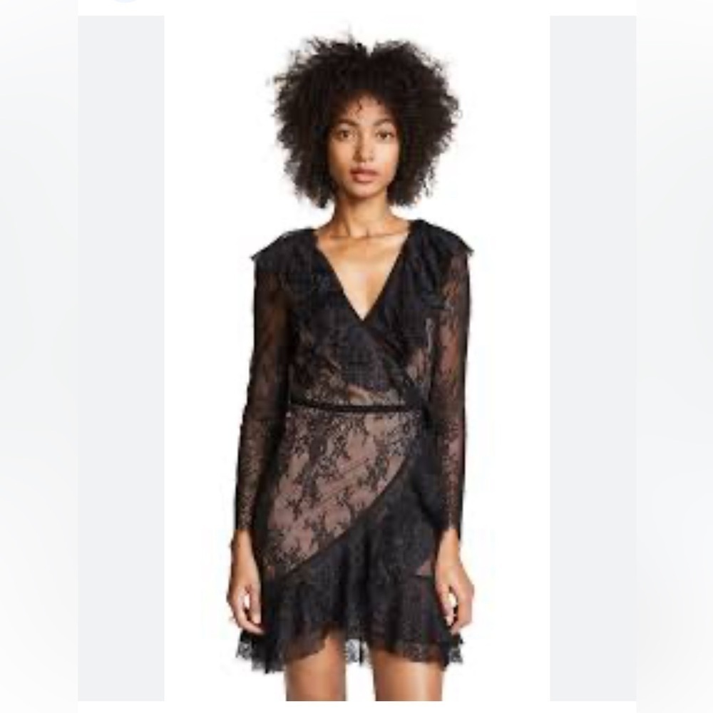 FOR LOVE AND LEMONS Daphne Black Lace Mini Dress V-Neck Wrap Style Dress